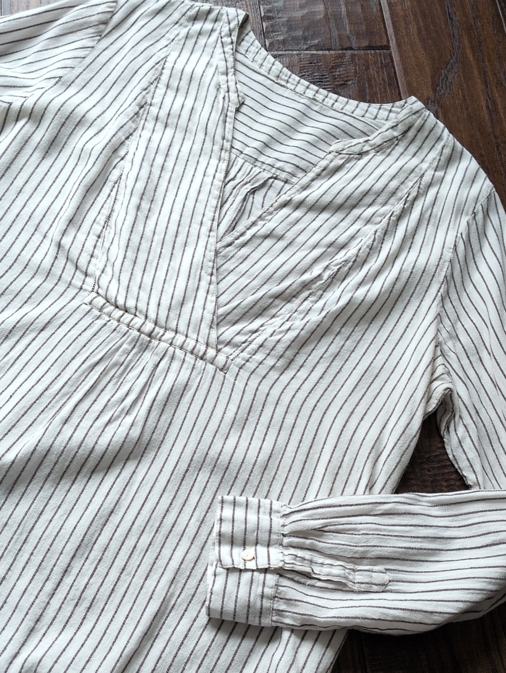 SUNDANCE I Black & White Woven Cotton Vertical Stripe V-Neck Tunic Top Shirt, L?